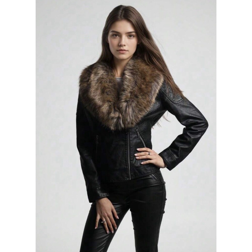 VTG Y2K Ruff Grey Faux Leather Moto Fitted Jacket Faux Fur Collar XL